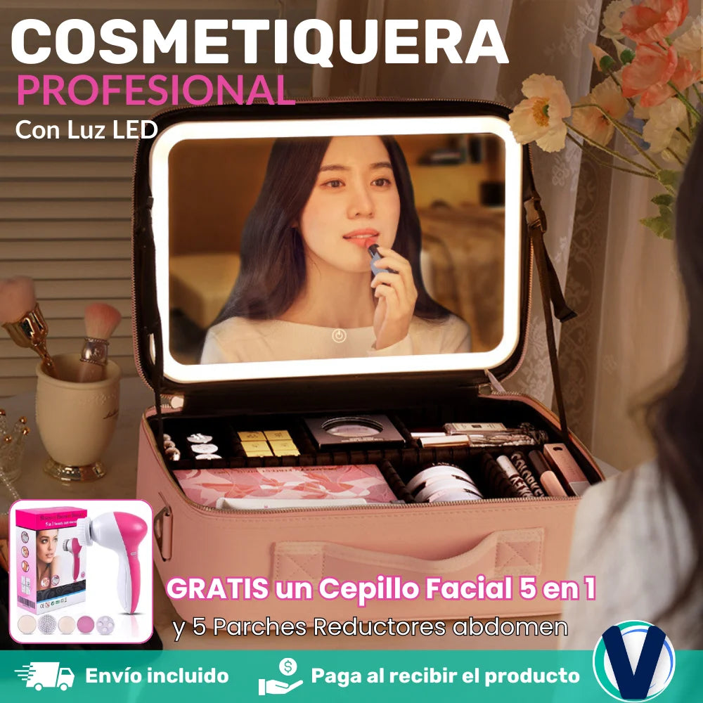 Cosmetiquera profesional™, con luz LED + GRATIS Cepillo Facial 5 en 1 + Parche Reductor AB